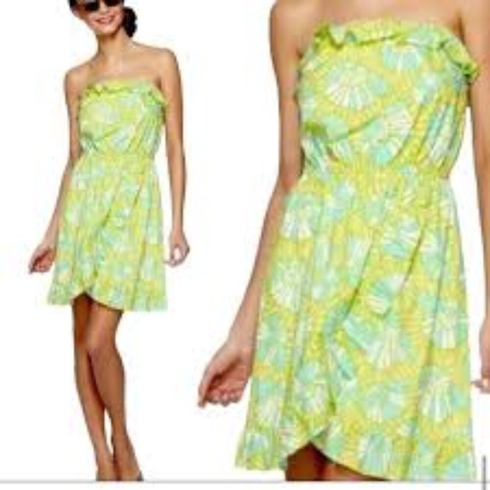 LILLY PULITZER Flor Pink Label Strapless Ruffle Mini Dress M Green Yellow VTG - Picture 1 of 17